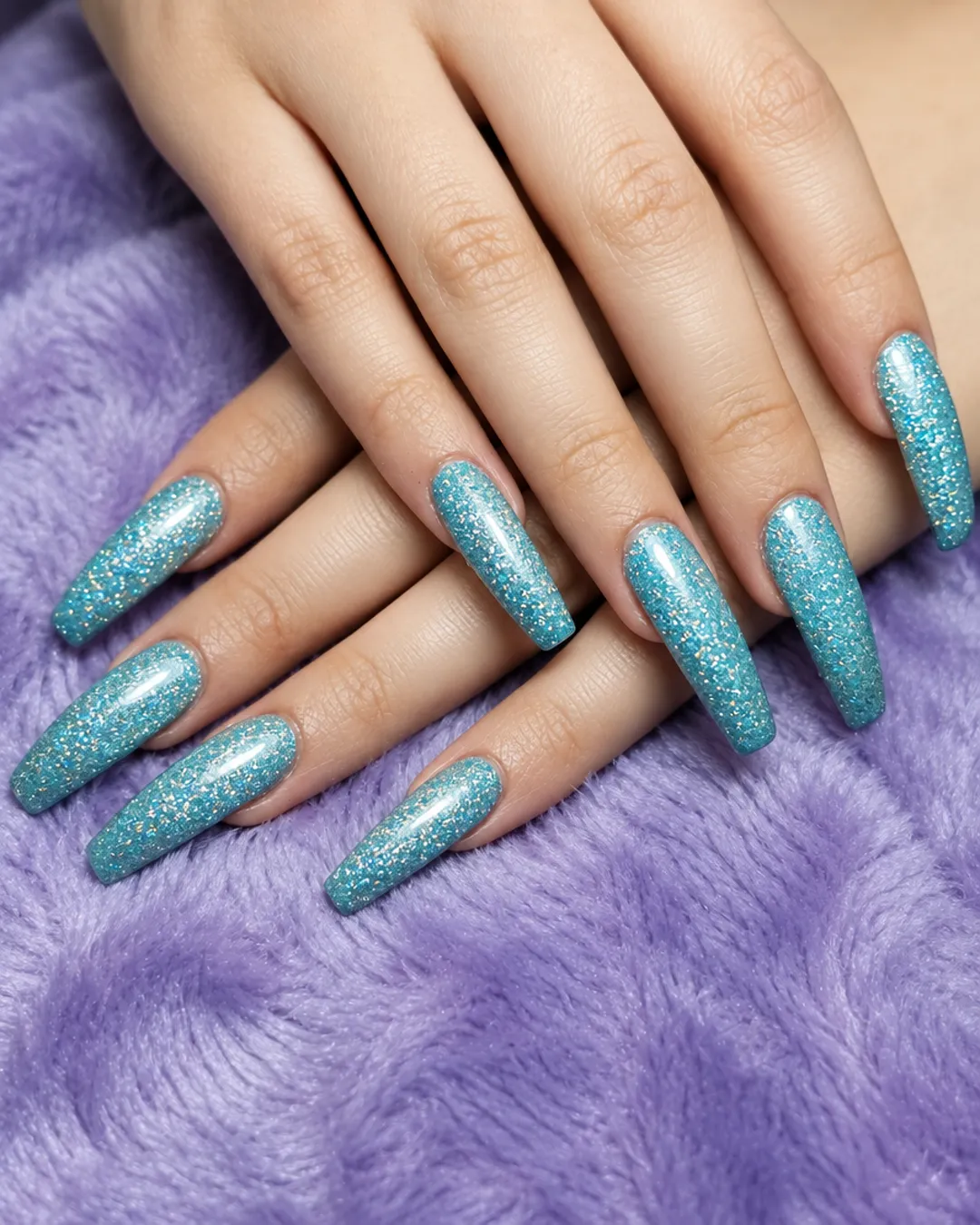 Long coffin acrylic nails in sky-blue glitter