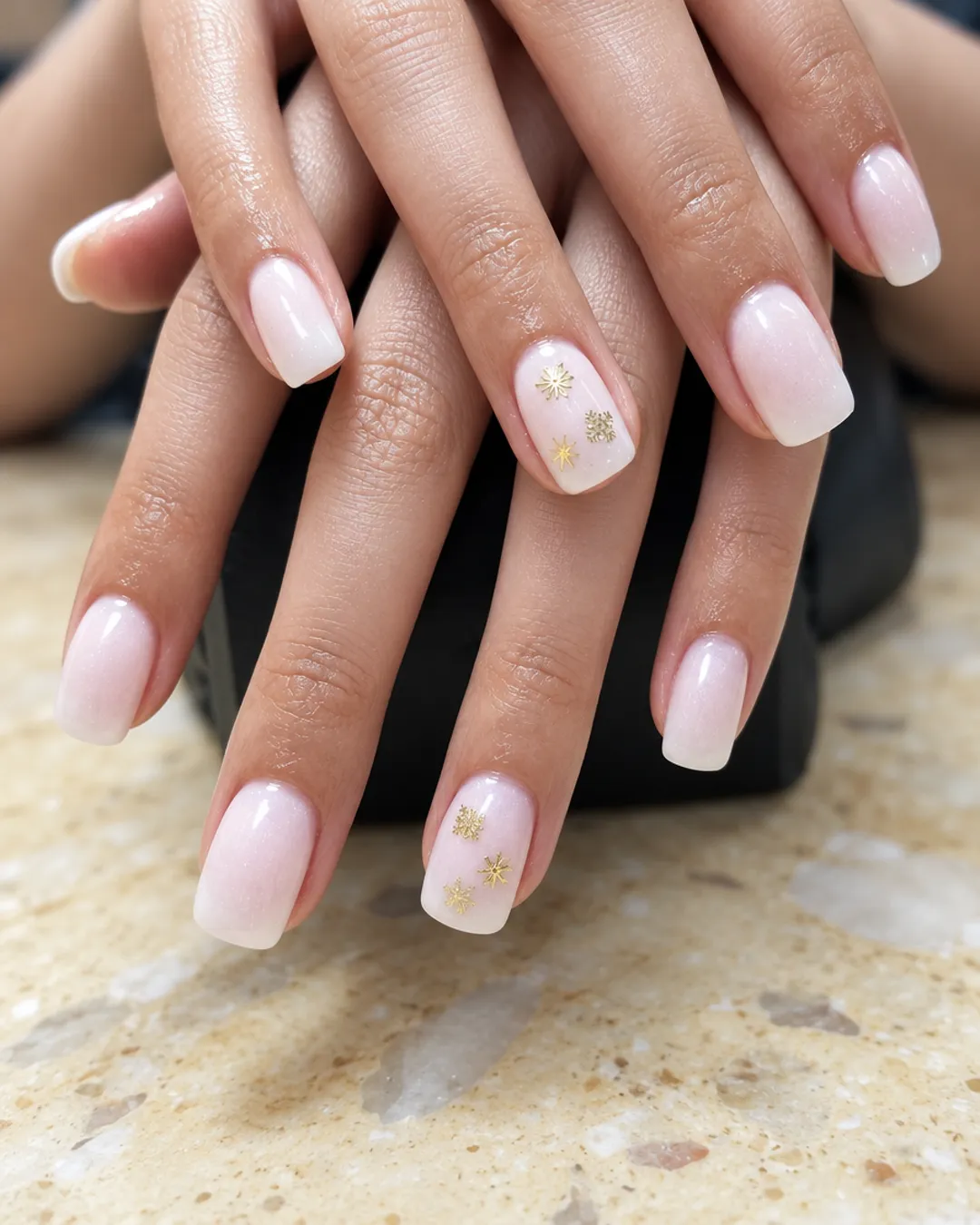 Pale pink square nails with a gold-flake accent nail