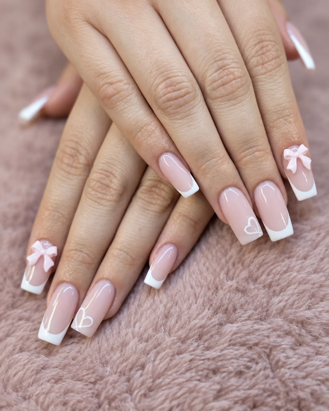 Soft pink French tip nails with small white bow accents