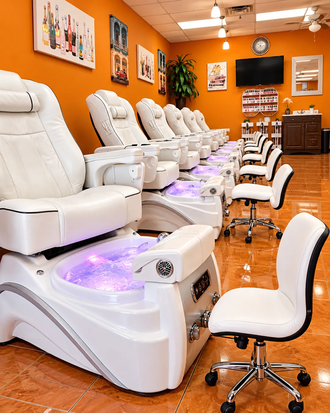 Row of white pedicure spa chairs with glowing foot basins at Top Creative Nails